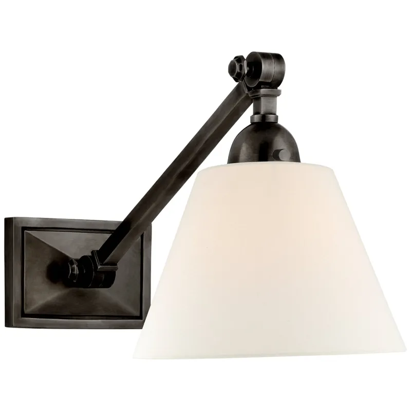 Alexa Hampton Jane Single Library Wall Light in Gun Metal with Linen Shade W7.5" x H8.75" - 9.75"