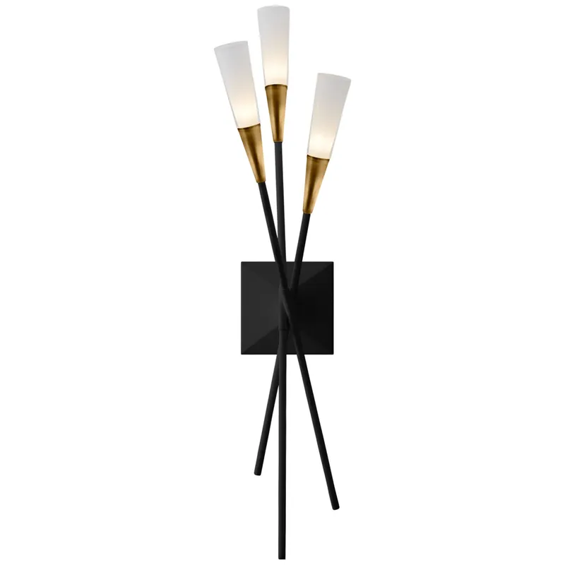 Chapman & Myers Stellar Triple Tail Sconce in Matte Black and Antique Brass with Frosted Acrylic Wall Light W6.5" x H24.25"