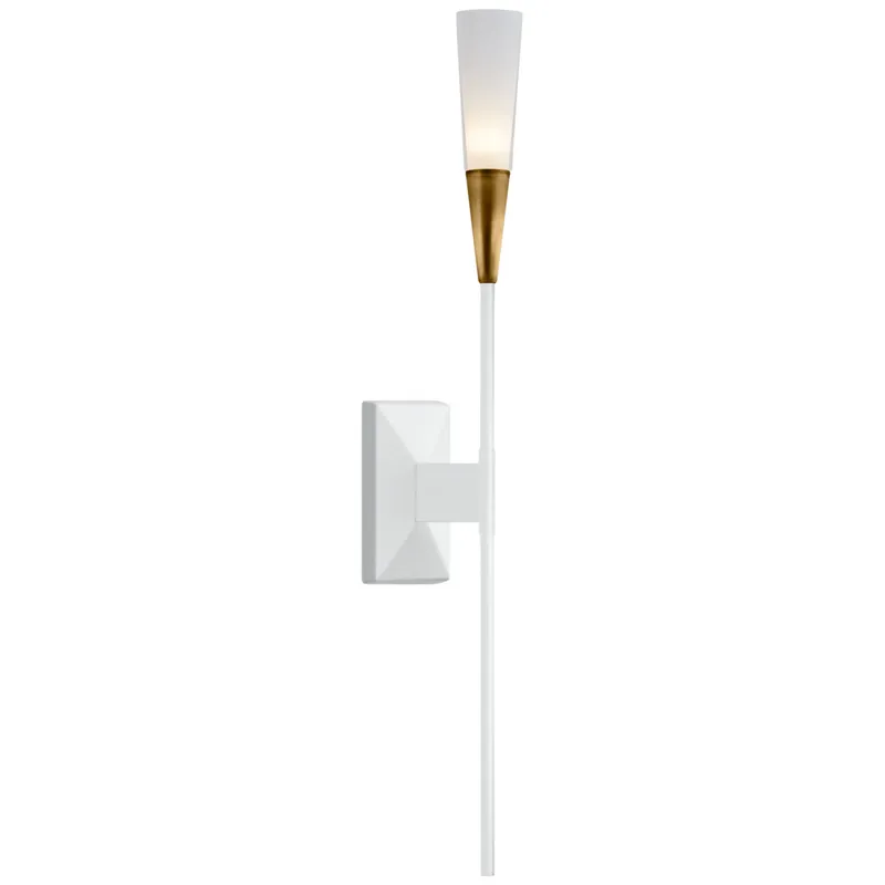Chapman & Myers Stellar Single Tail Sconce in Matte White and Antique Brass with Frosted Acrylic Wall Light W2.5" x H20"
