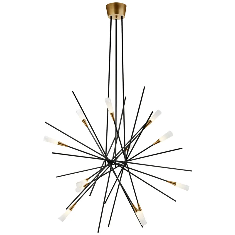 Chapman & Myers Stellar Large Chandelier in Matte Black and Antique Brass with Frosted Acrylic Ceiling Light W38.25"
