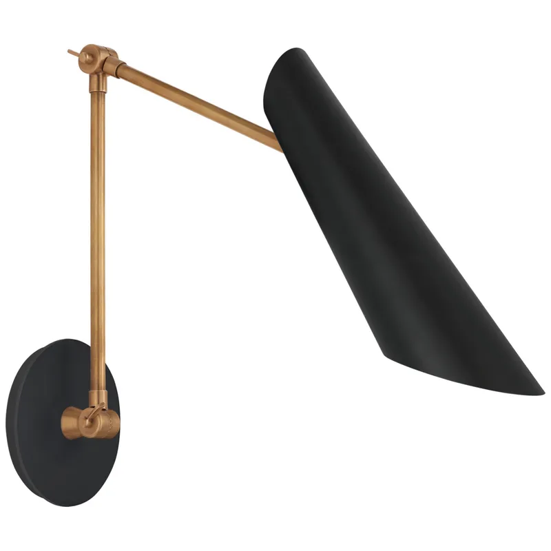 AERIN Franca Double Library Wall Light in Hand-Rubbed Antique Brass with Black Shade W5.5" x H13" - 18.5"