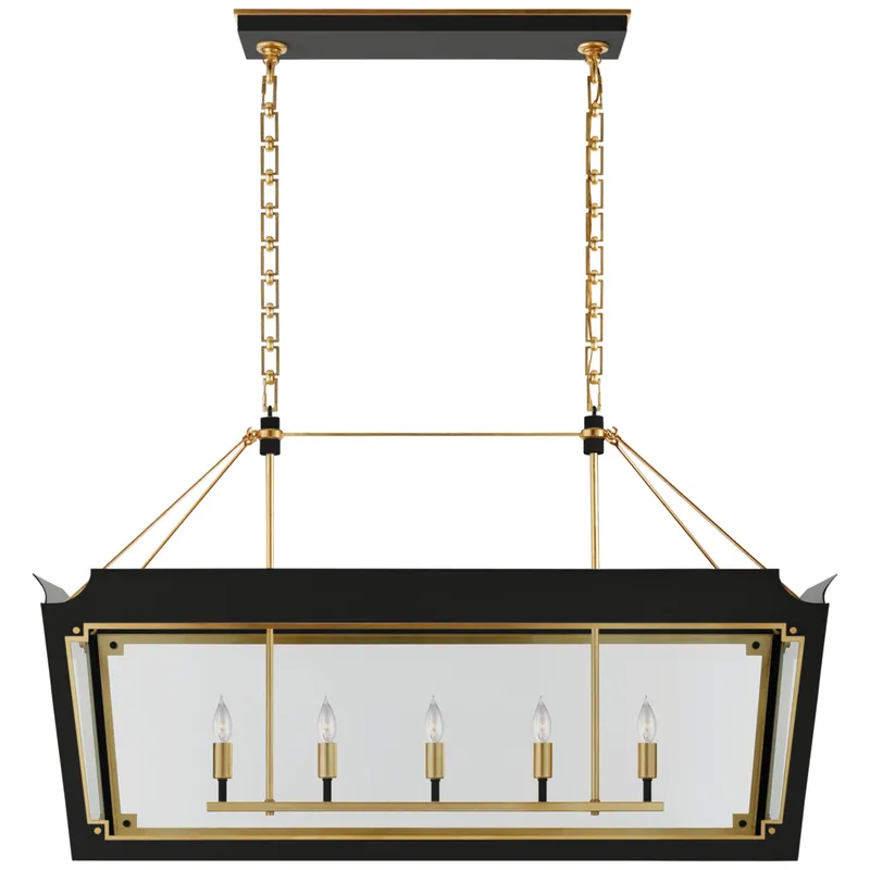 Julie Neill Caddo Medium Linear Lantern in Matte Black and Gild with Clear Glass Ceiling Light W46.5" x 18.5" x H28.5"