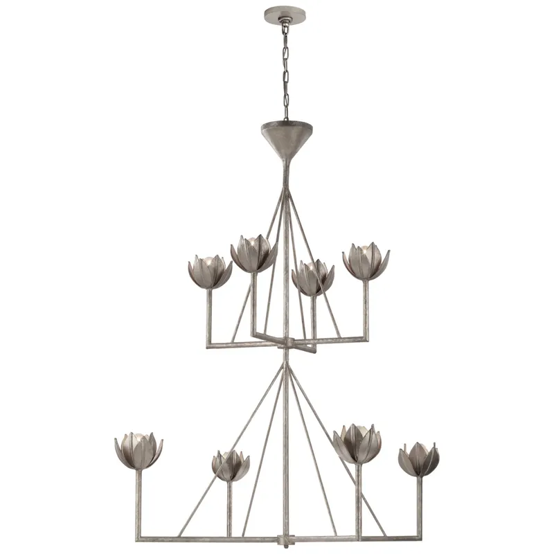 Julie Neill Alberto Large Two Tier Chandelier in Burnished Silver Leaf Ceiling Light W48" x H57.5"