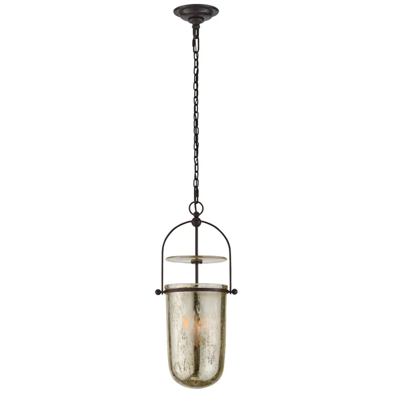 Chapman & Myers Lorford Tall Smoke Bell Lantern in Aged Iron with Mercury Glass Ceiling Light W10" x H22.75"