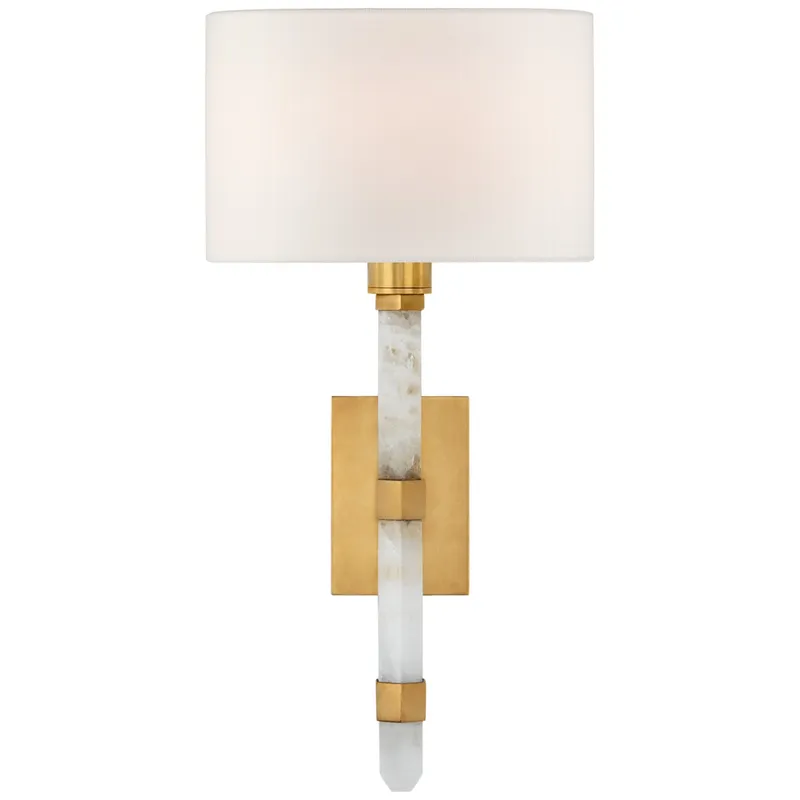 Suzanne Kasler Adaline Small Tail Sconce in Antique-Burnished Brass and Quartz with Linen Shade Wall Light W7.5" x H15"