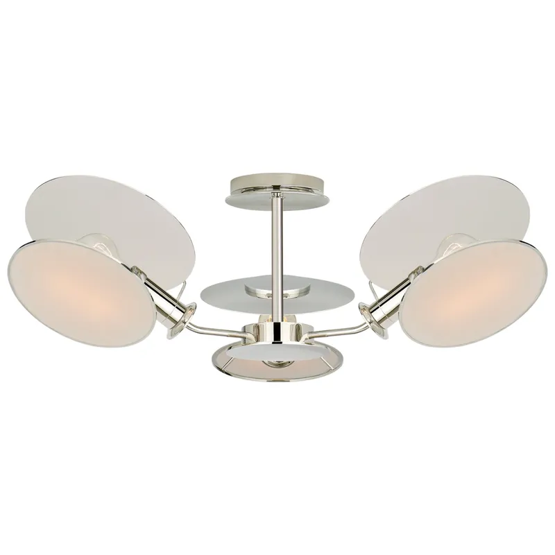 Thomas O'Brien Osiris Medium Reflector Semi-Flush Mount in Polished Nickel with Linen Diffusers Ceiling Light W31.5" x H9.5"