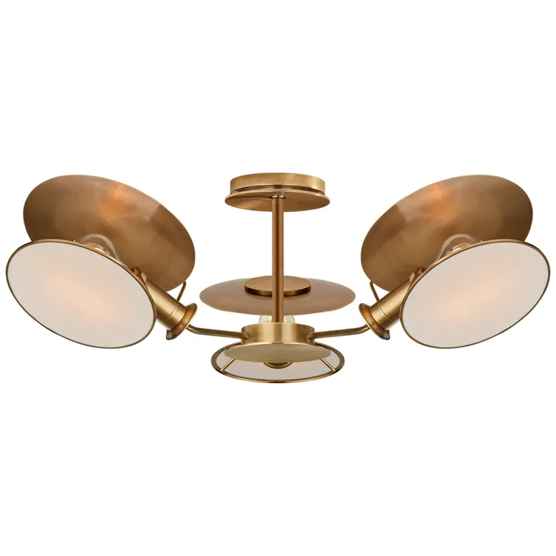 Thomas O'Brien Osiris Medium Reflector Semi-Flush Mount in Hand-Rubbed Antique Brass with Linen Diffusers Ceiling Light W31.5" x H9.5"