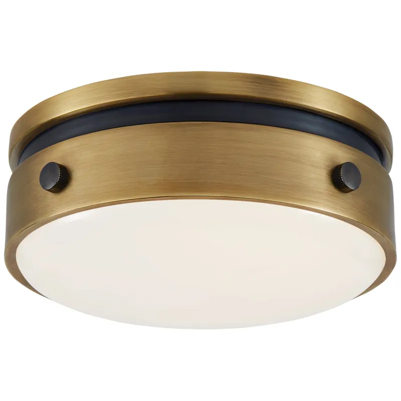 Thomas O'Brien Hicks 5.5" Solitaire Flush Mount in Bronze and Hand-Rubbed Antique Brass with White Glass Ceiling Light W5.5" x H2.5"