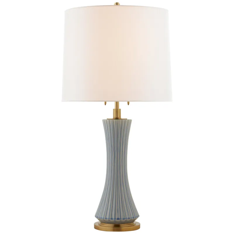 Thomas O'Brien Elena Large Table Lamp in Polar Blue Crackle with Linen Shade W16" x H31" - 33.5"