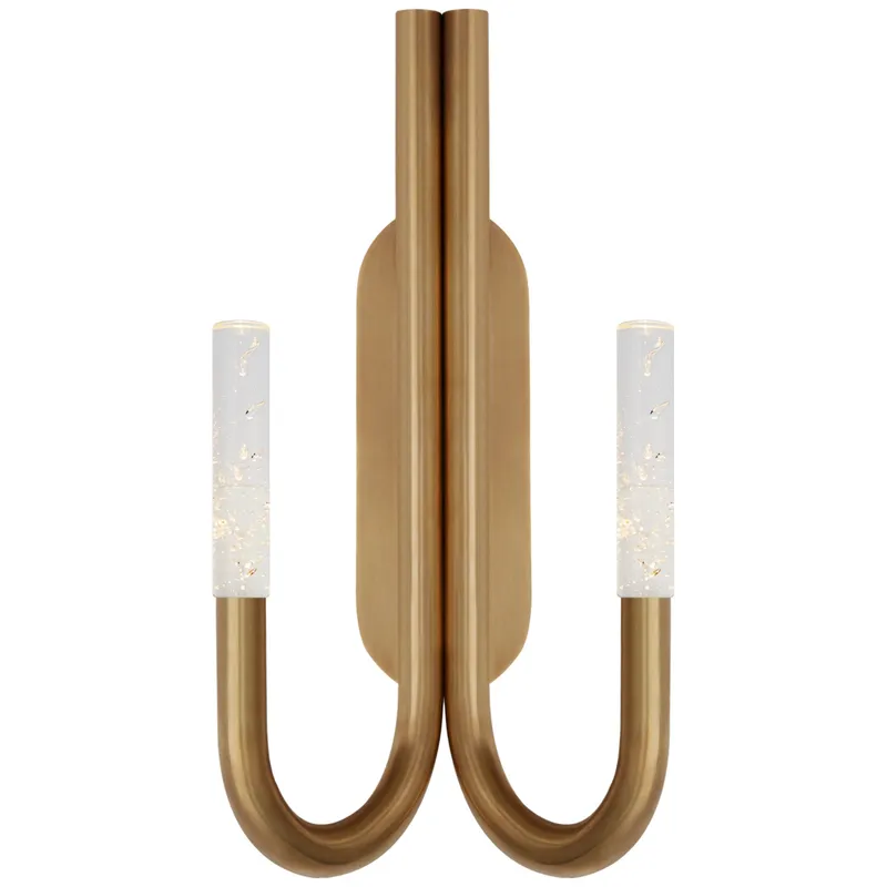 Kelly Wearstler Rousseau Double Wall Sconce in Antique-Burnished Brass with Seeded Glass Wall Light W10" x H20.25"