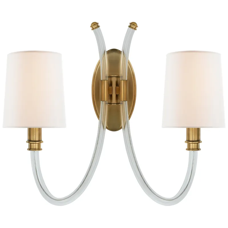 Julie Neill Clarice Double Sconce in Crystal and Antique-Burnished Brass with Linen Shades Wall Light W17.5" x H16"