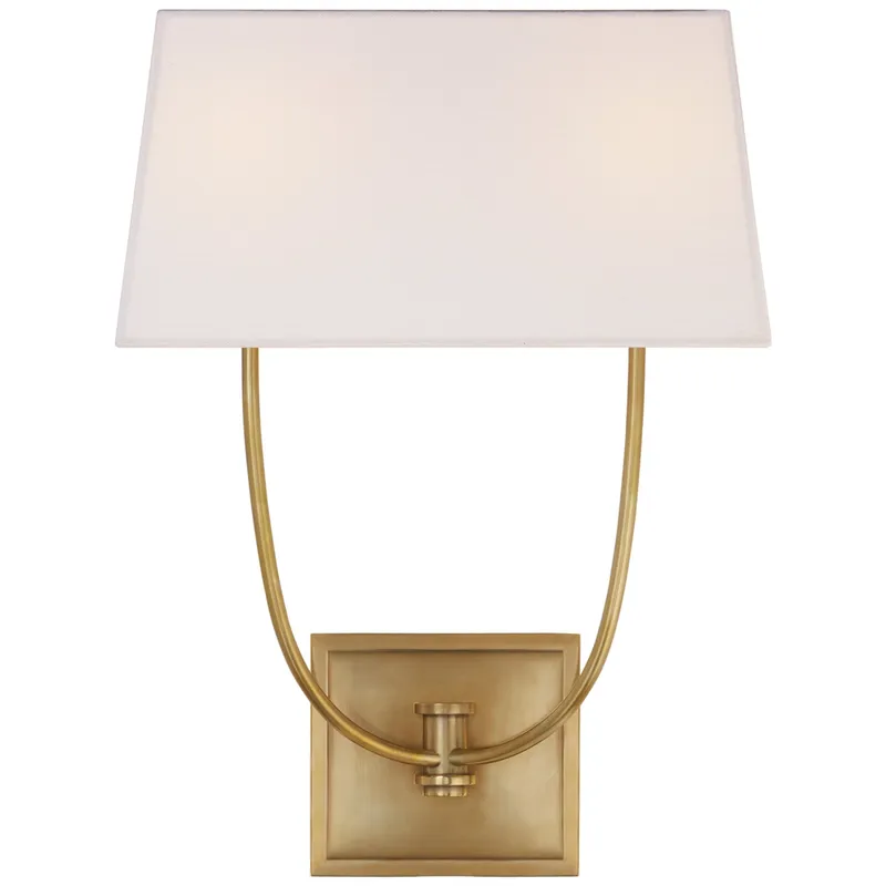 Chapman & Myers Venini Double Sconce in Antique-Burnished Brass with Linen Shade Wall Light W13.5" x H18"