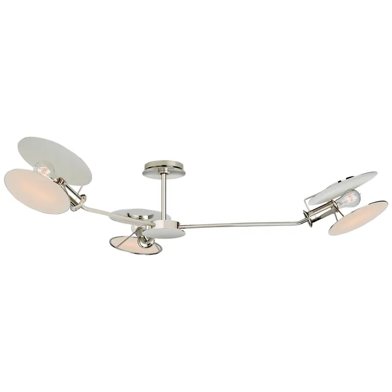 Thomas O'Brien Osiris Large Asymmetric Semi-Flush Mount in Polished Nickel with Linen Diffusers Ceiling Light W47" x H9.5"