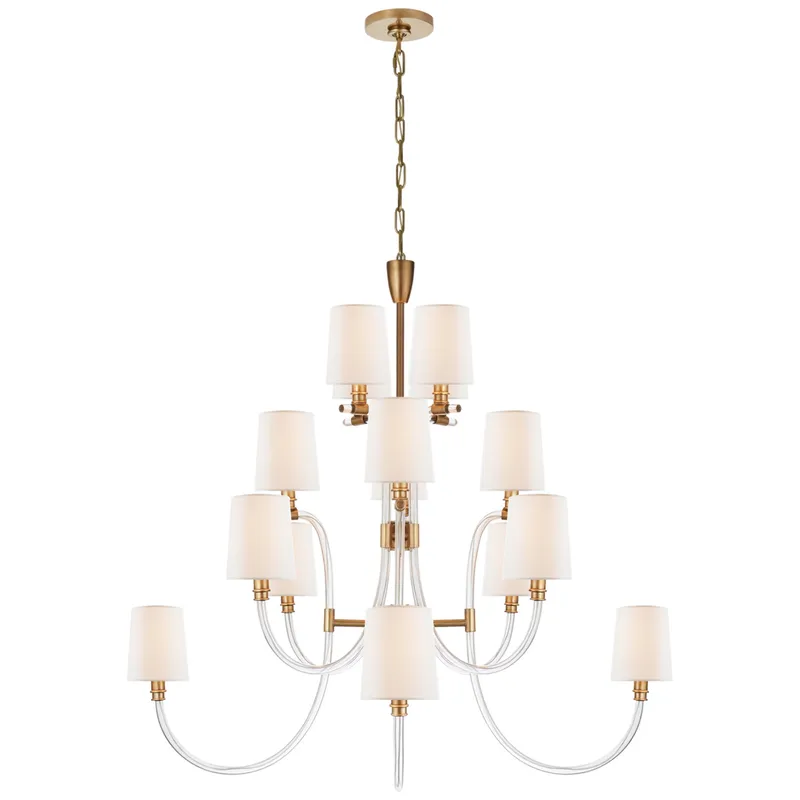 Julie Neill Clarice Large Chandelier in Clear Acrylic and Antique-Burnished Brass with Linen Shades Ceiling Light W44.25" x H40.75"