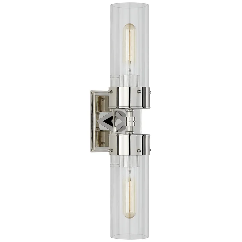 Thomas O'Brien Marais Large Double Bath Sconce in Polished Nickel with Clear Glass Wall Light W4.75" x H19.75"