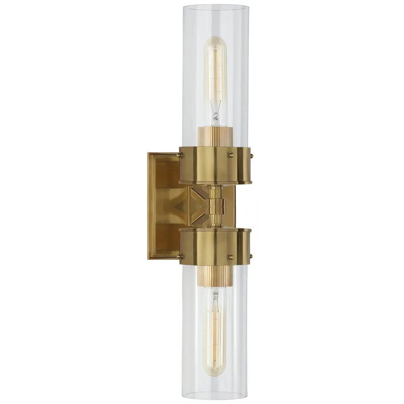 Thomas O'Brien Marais Large Double Bath Sconce in Hand-Rubbed Antique Brass with Clear Glass Wall Light W4.75" x H19.75"
