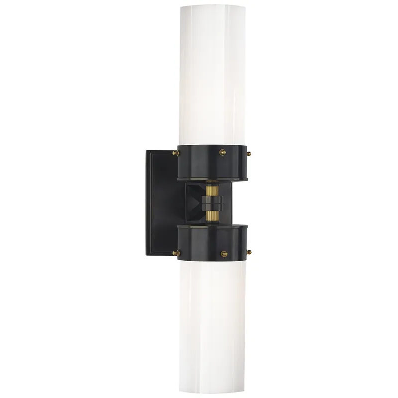Thomas O'Brien Marais Large Double Bath Sconce in Bronze and Hand-Rubbed Antique Brass with White Glass Wall Light W4.75" x H19.75"