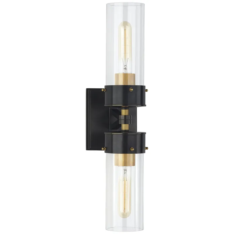 Thomas O'Brien Marais Large Double Bath Sconce in Bronze and Hand-Rubbed Antique Brass with Clear Glass Wall Light W4.75" x H19.75"