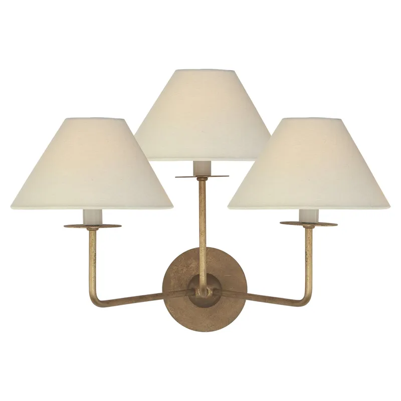 Niermann Weeks Kelley Medium Triple Sconce in Gilded Iron with Linen Shades Wall Light W19" x H14.25"