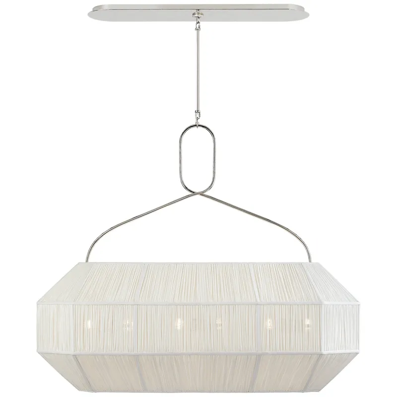 Kelly Wearstler Forza Medium Linear Lantern in Polished Nickel with Gathered Linen Shade Ceiling Light W40"