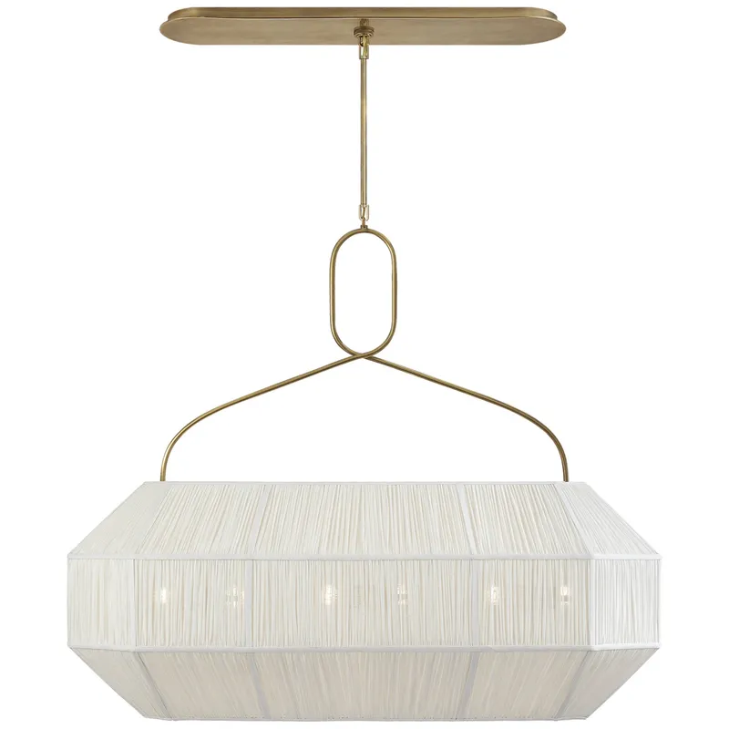 Kelly Wearstler Forza Medium Linear Lantern in Antique-Burnished Brass with Gathered Linen Shade Ceiling Light W40"