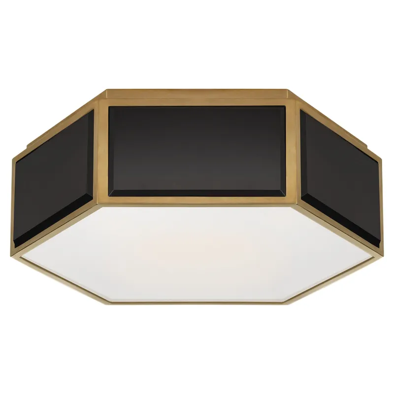 kate spade new york Bradford Small Hexagonal Flush Mount in Black and Soft Brass with Frosted Glass Ceiling Light W13" x H4.25"