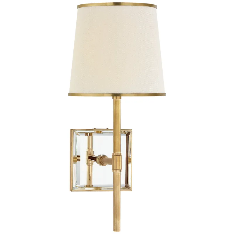 kate spade new york Bradford Medium Sconce in Soft Brass and Mirror with Cream Linen Shade with Soft Brass Trim Wall Light W6.5" x H14.5"