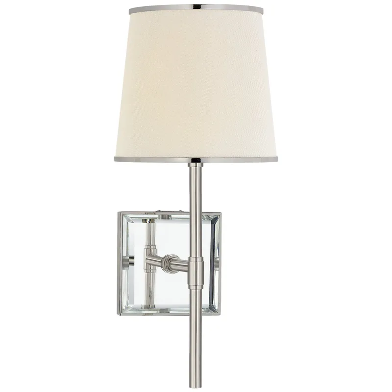 kate spade new york Bradford Medium Sconce in Polished Nickel and Mirror with Cream Linen Shade with Polished Nickel Wall Light W6.5" x H14.5"