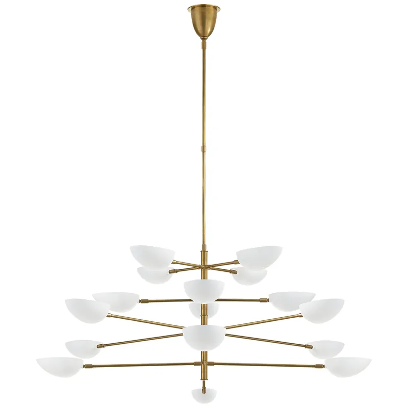AERIN Graphic Grande Four-Tier Chandelier in Hand-Rubbed Antique Brass with White Shades Ceiling Light W69.5"