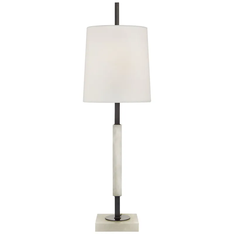 Thomas O'Brien Lexington Medium Table Lamp in Bronze and Alabaster with Linen Shade W9.25" x H31.75"