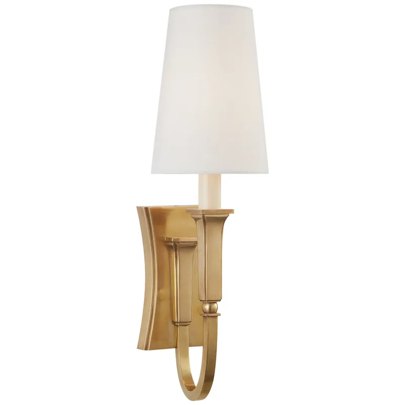 Thomas O'Brien Delphia Small Single Sconce in Hand-Rubbed Antique Brass with Linen Shade Wall Light W5" x H17.25"