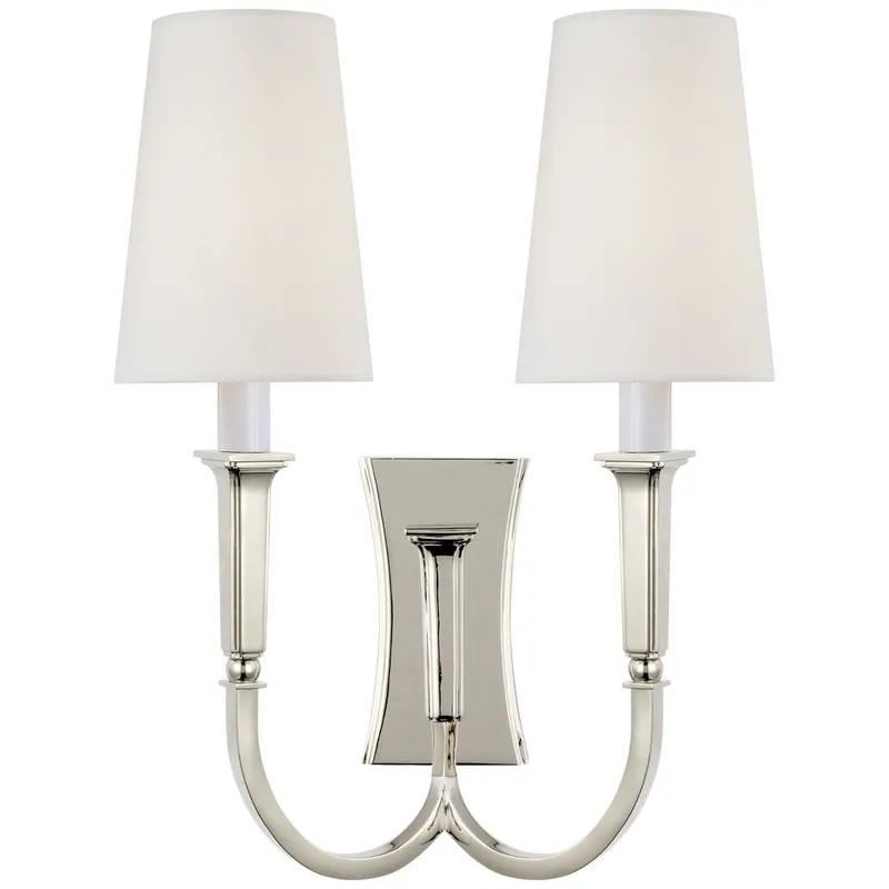 Thomas O'Brien Delphia Large Double Arm Sconce in Polished Nickel with Linen Shade Wall Light W12.5" x H17"