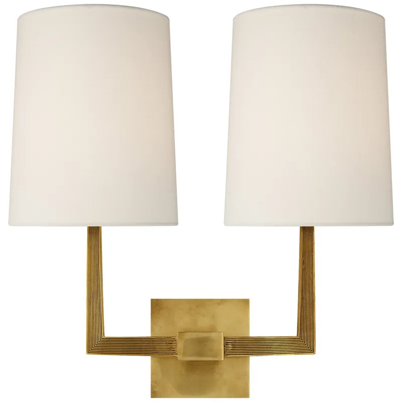 Barbara Barry Ojai Large Double Sconce in Soft Brass with Linen Shade Wall Light W16.5" x H16.5"
