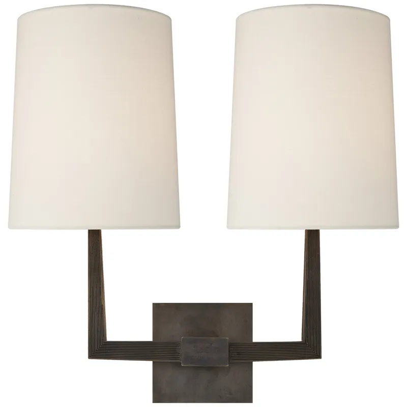 Barbara Barry Ojai Large Double Sconce in Bronze with Linen Shade Wall Light W16.5" x H16.5"