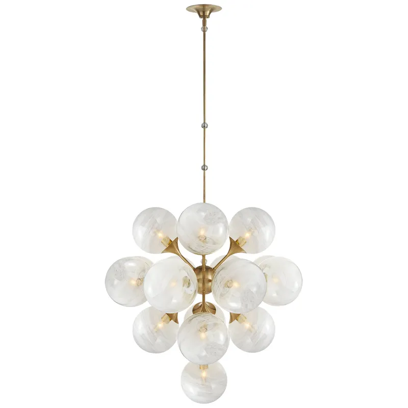 AERIN Cristol Large Tiered Chandelier in Hand-Rubbed Antique Brass with White Strie Glass Ceiling Light W33.25"