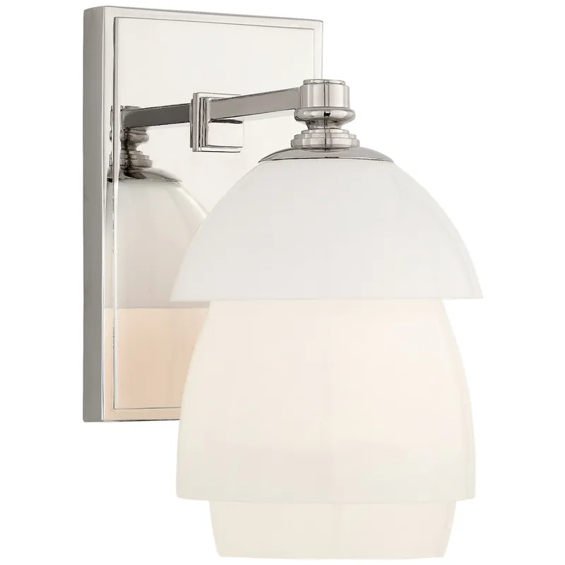 Thomas O'Brien Whitman Small Sconce in Polished Nickel with White Glass Shade Wall Light W4.75" x H8.5"