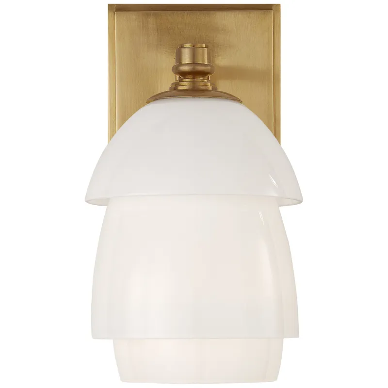 Thomas O'Brien Whitman Small Sconce in Hand-Rubbed Antique Brass with White Glass Shade Wall Light W4.75" x H8.5"