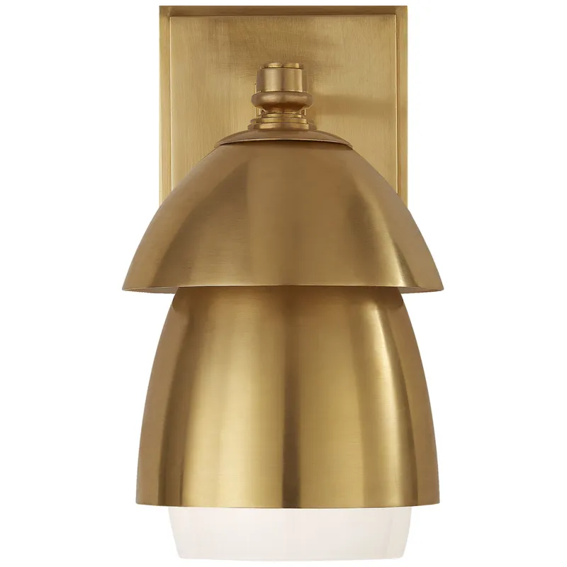 Thomas O'Brien Whitman Small Sconce in Hand-Rubbed Antique Brass w/ Hand-Rubbed Antique Brass and White Glass Shade Wall Light W4.75" x H8.5"