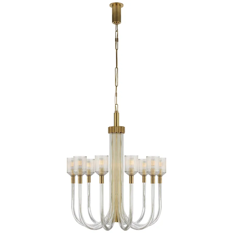 Kelly Wearstler Reverie Medium Single Tier Chandelier in Clear Ribbed Glass and Antique-Burnished Brass Ceiling Light W30" x H38"