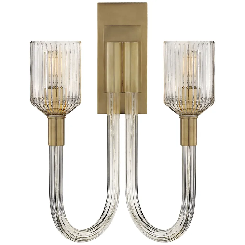 Kelly Wearstler Reverie Double Sconce in Clear Ribbed Glass and Antique-Burnished Brass Wall Light W14" x H19"