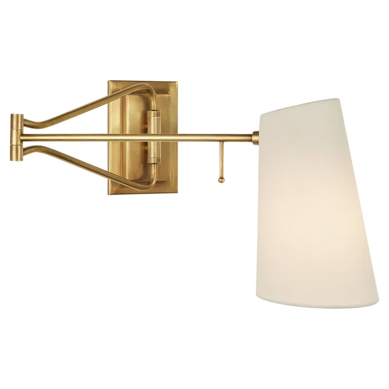 AERIN Keil Swing Arm Wall Light in Hand-Rubbed Antique Brass with Linen Shade W17" x H10"