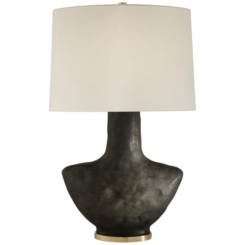 Kelly Wearstler Armato Small Table Lamp in Stained Black Metallic Ceramic with Oval Linen Shade W17.5" x H28"