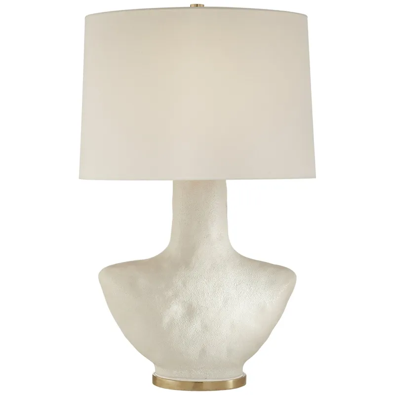 Kelly Wearstler Armato Small Table Lamp in Porous White Ceramic with Oval Linen Shade W17.5" x H28"