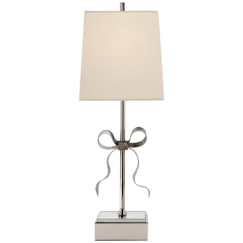 kate spade new york Ellery Gros-Grain Bow Table Lamp in Polished Nickel and Mirror with Cream Linen Shade W8" x H22.75"