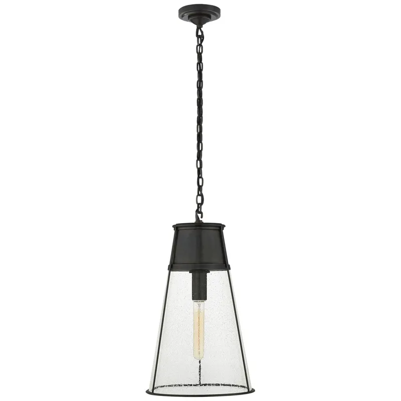 Thomas O'Brien Robinson Large Pendant in Bronze with Seeded Glass Ceiling Light W11.75" x H19.5"