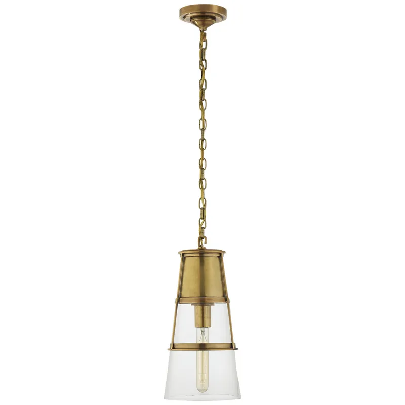 Thomas O'Brien Robinson Medium Pendant in Hand-Rubbed Antique Brass with Clear Glass Ceiling Light W7.5" x H15"