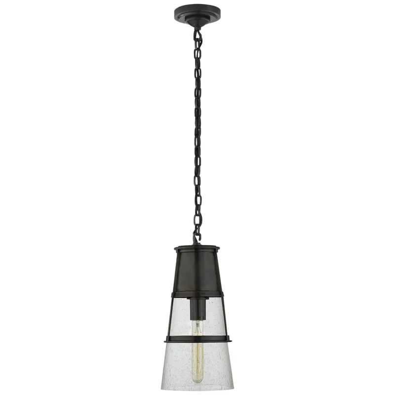 Thomas O'Brien Robinson Medium Pendant in Bronze with Seeded Glass Ceiling Light W7.5" x H15"