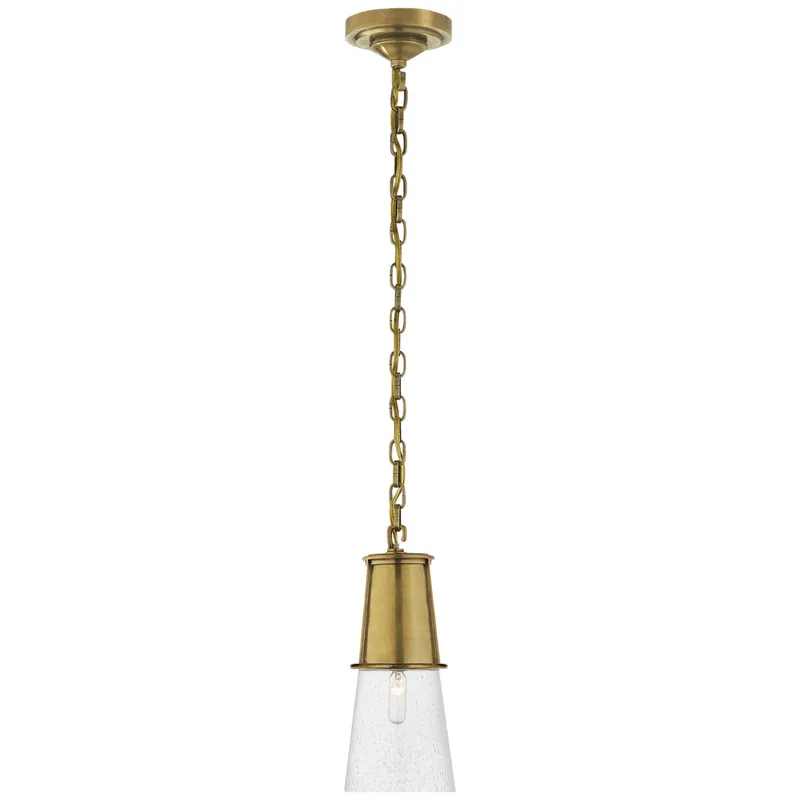 Thomas O'Brien Robinson Small Pendant in Hand-Rubbed Antique Brass with Seeded Glass Ceiling Light W4.75" x H11.25"