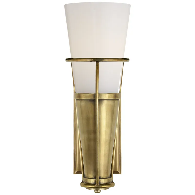 Thomas O'Brien Robinson Single Sconce in Hand-Rubbed Antique Brass with White Glass Wall Light W4.25" x H11.25"