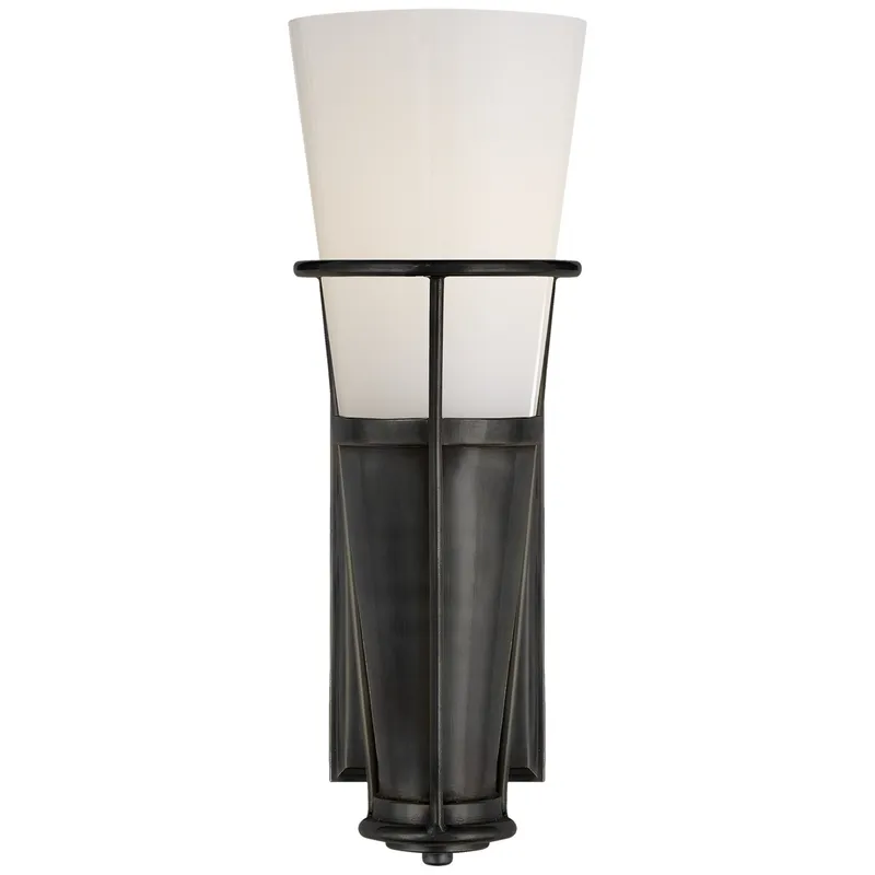 Thomas O'Brien Robinson Single Sconce in Bronze with White Glass Wall Light W4.25" x H11.25"